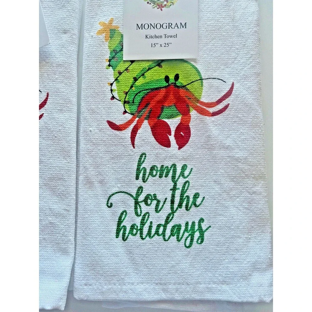 Christmas Kitchen Dish Towels Beach Hermit Crab White Cotton Beach Set Of 2